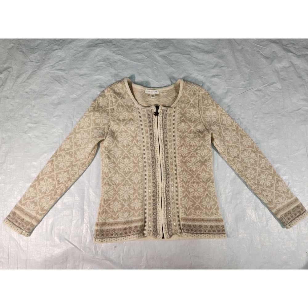 Coldwater Creek Wool Blend Full Zip Cardigan Snowflake Sweater Beads XS Holiday